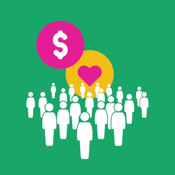 icon of a group of people standing in front of a heart and dollar sign